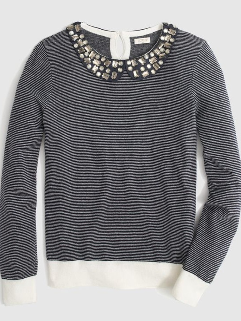 J. Crew Jeweled Peter Pan Collar Stripe Merino Wool Sweater